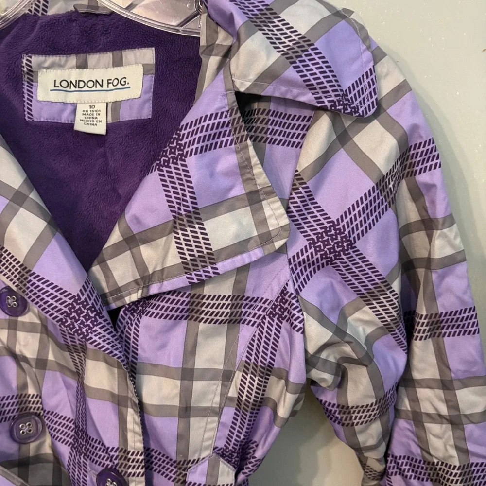London Fog Kids Purple Grey Plaid Trench‎ Coat Jacket Hooded Belted (Girls 10)